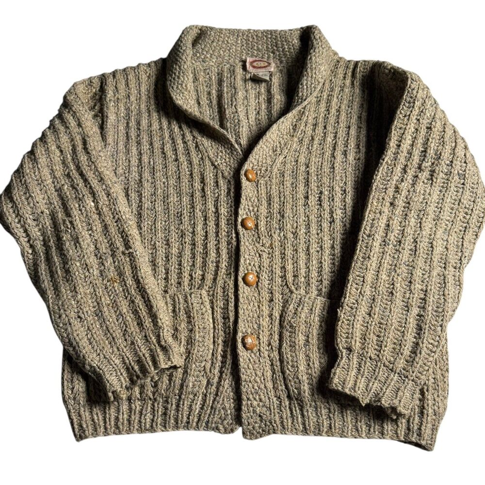 Vintage 80s Banana Republic Safari 100% Wool Cardigan L Hand Knit Shawl Collar